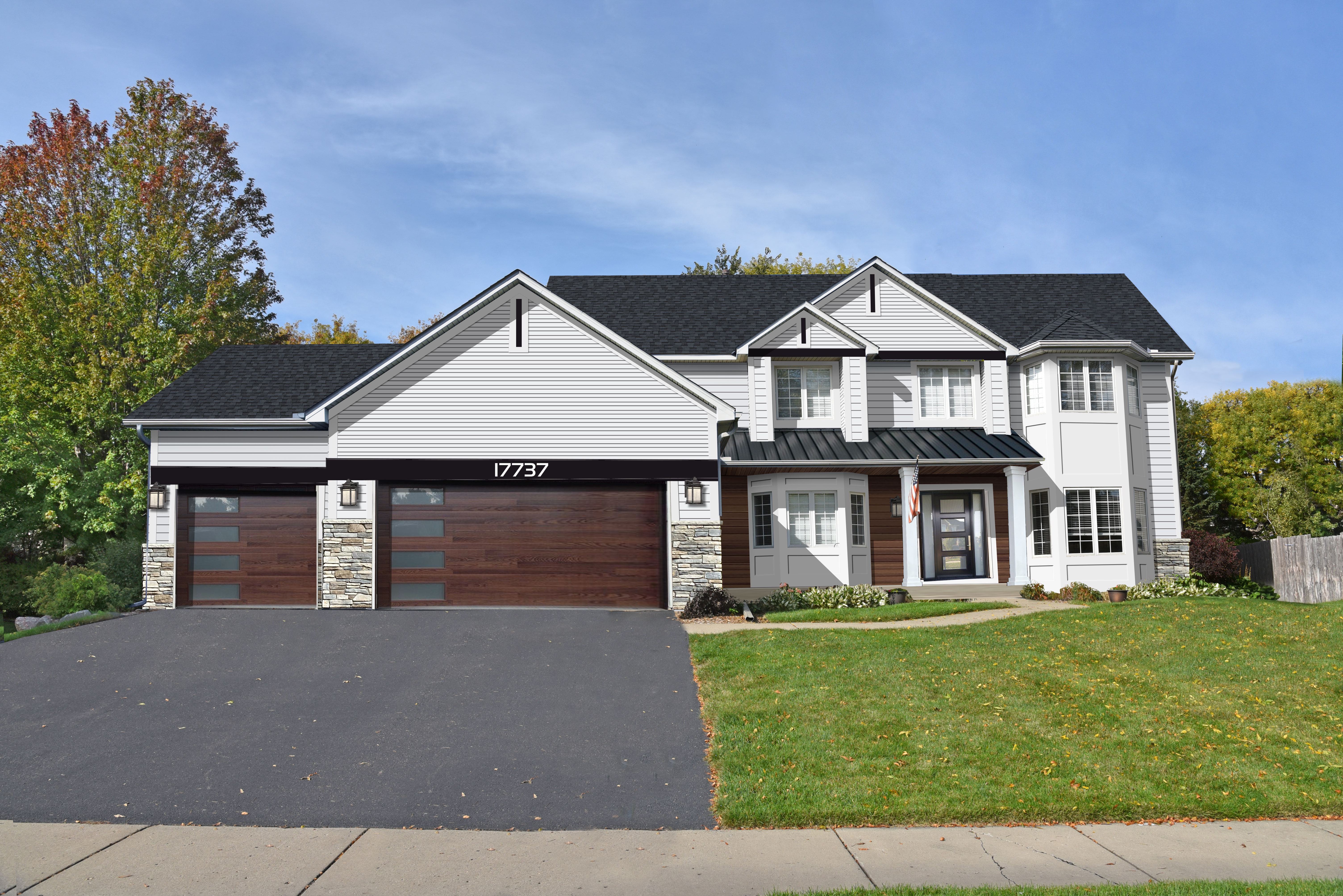 Exterior home design rendering — modern black roof and white siding